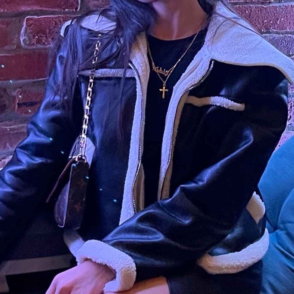 Moon River Black Leather Jacket with Cream Accents